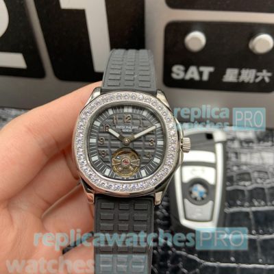 Replica Patek Philippe Aquanaut Watch Grey Rubber Strap Silver Diamond Bezel